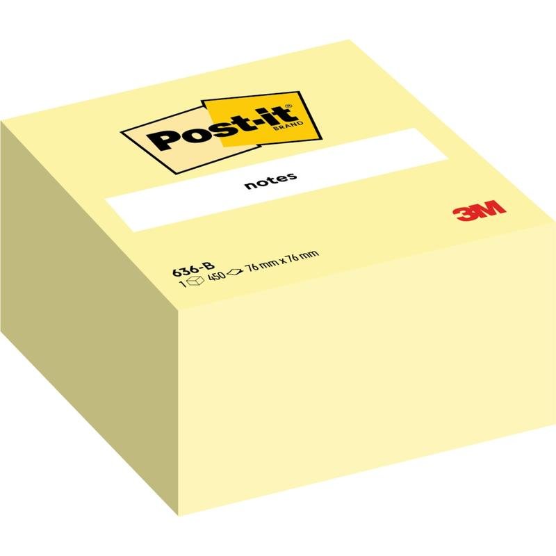 Kostka notatek samoprzylepnych Post-it® 636-B od 3M Deutschland to samoprzylepny notes (żółty, 76 x 76 mm, 450 arkuszy) z wyraźnym nadrukiem "notes" na okładce, certyfikowany przez PEFC i opatrzony logo Post-it.