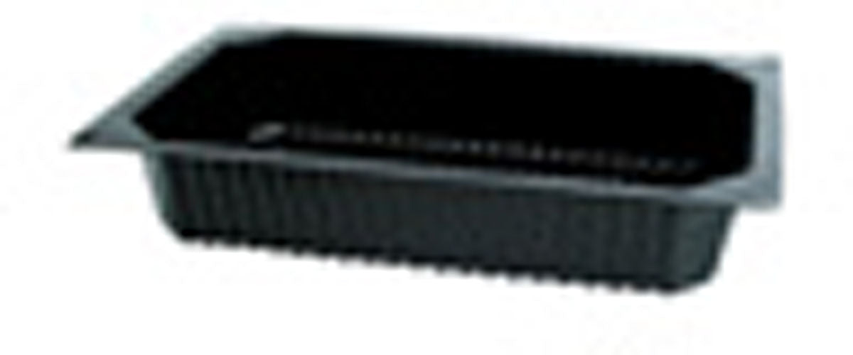 Die Duni GmbH PP Schale 1/4 GN Schwarz ist ein schwarzes Speisetablett mit gerippten Seiten und einem flachen Rand, perfekt für die Buffetpräsentation in der Gastronomie, abgebildet auf weißem Hintergrund.