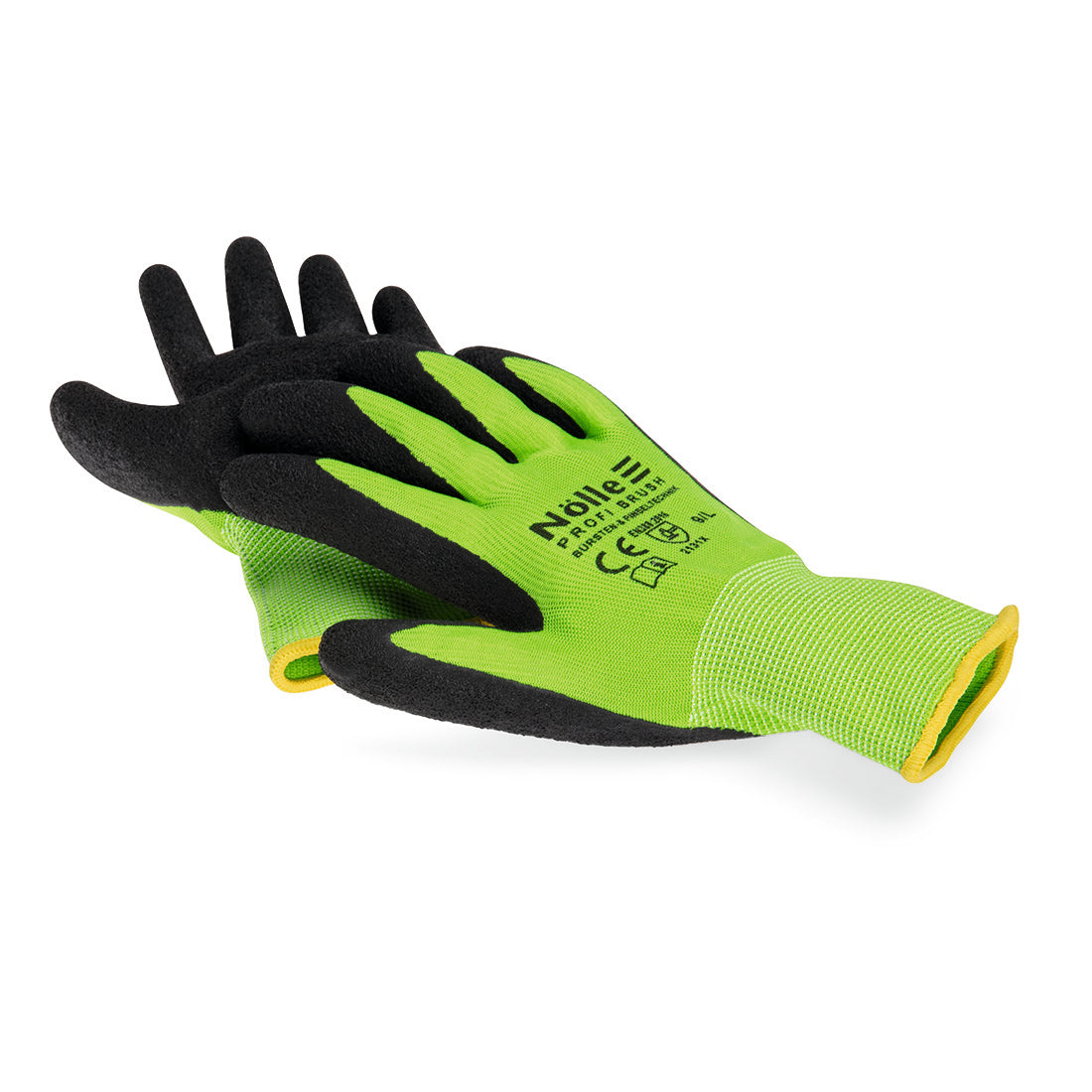 Ein Paar grüner Nölle Profi Brush Soft-Grip Handschuh Prestige Arbeitshandschuhe von Nölle Profi Brush Bürsten- & Pinseltechnik e.K. mit schwarz gummierten Handflächen, Sicherheitsmarkierungen und gelbem Handgelenkbesatz - ideal für professionelle Reinigungsarbeiten.