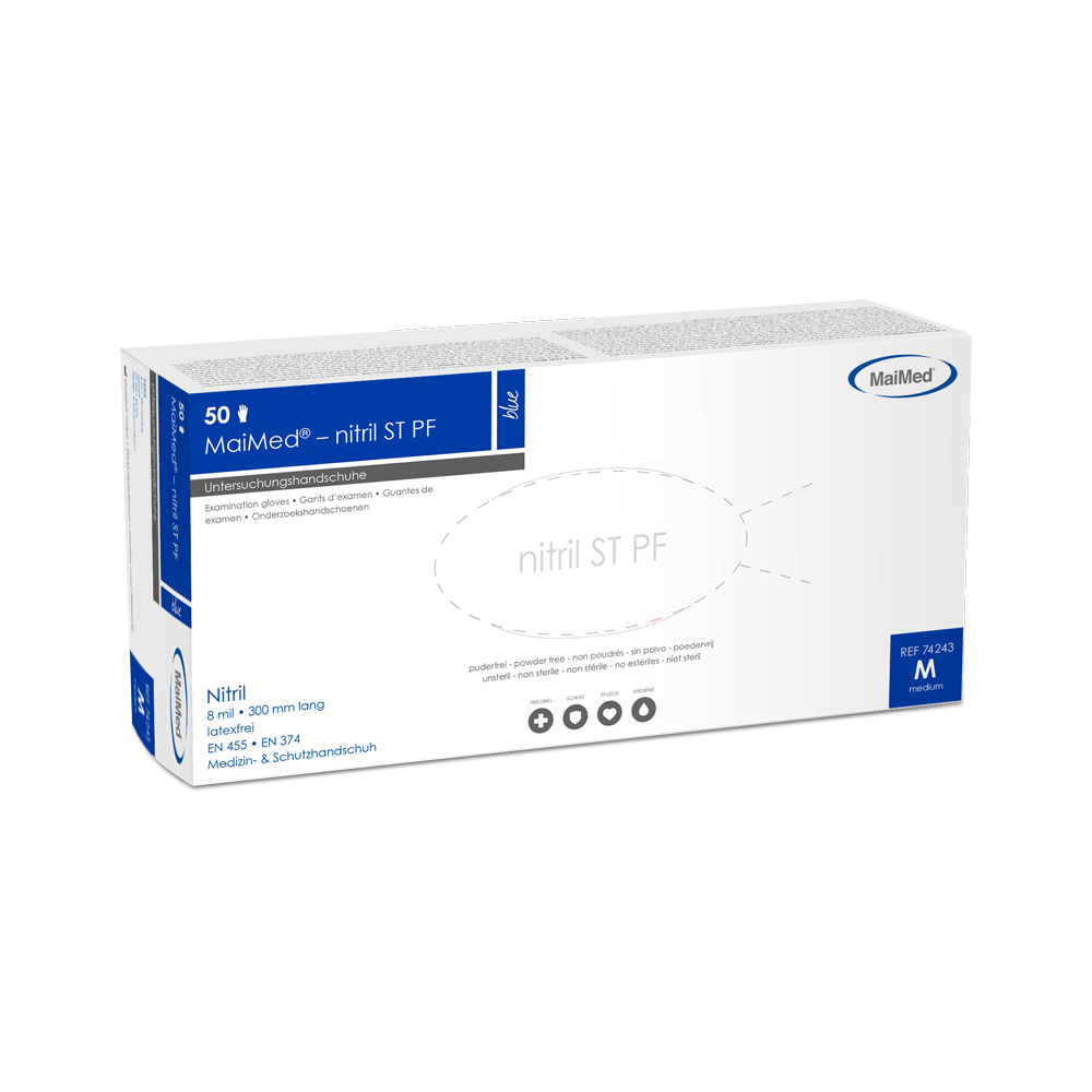Rękawiczki ochronne MaiMed-nitrylowe niebieskie, niesterylne, bezpudrowe, grubość 8mil 50 szt./op.