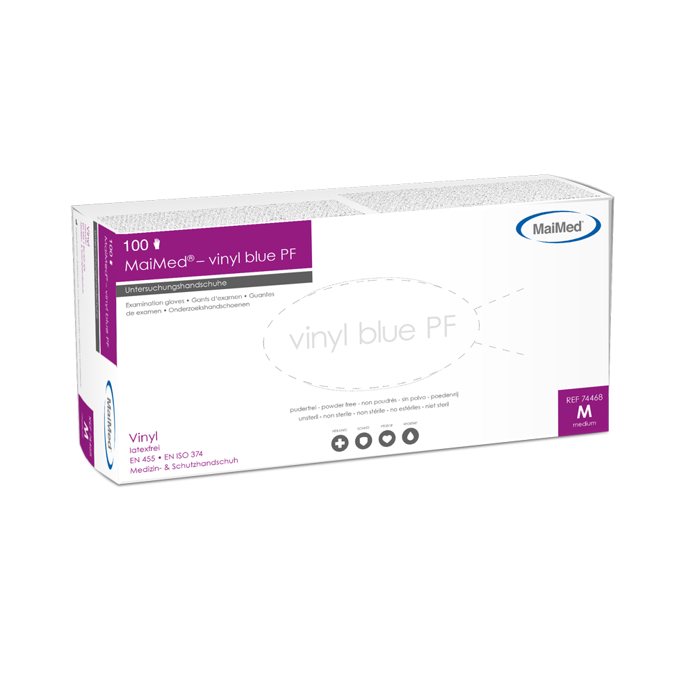 Rękawiczki diagnostyczne MaiMed-vinyl blue PF, niejałowe, bezpudrowe, winylowe 100 szt./op.
