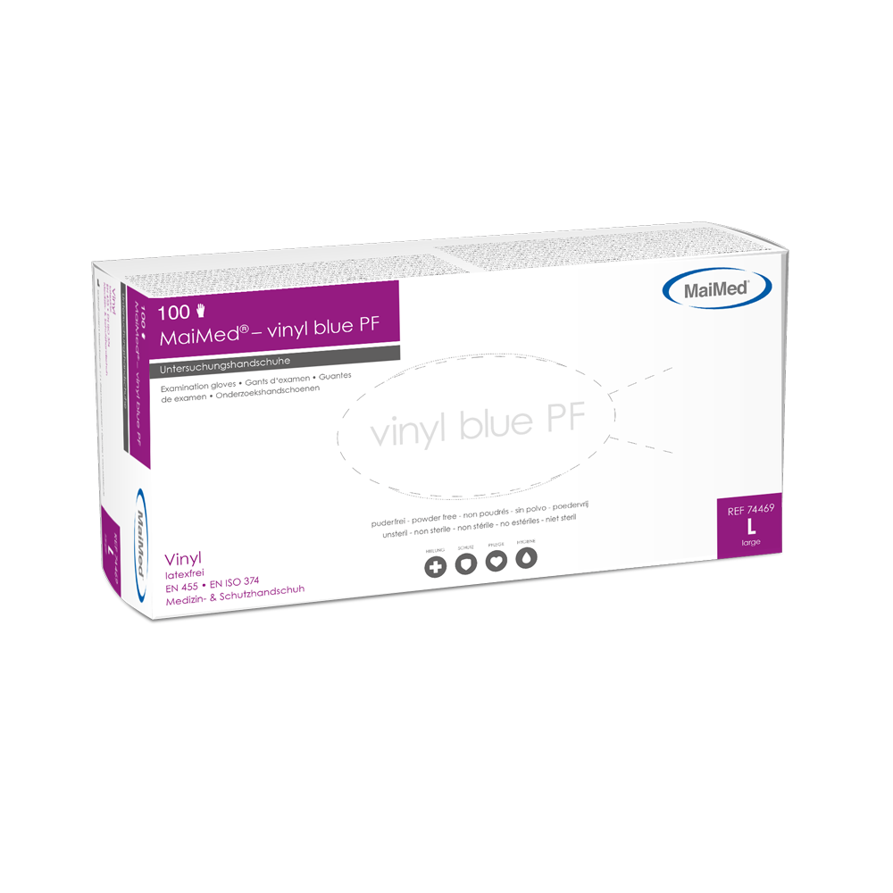 Rękawiczki diagnostyczne MaiMed-vinyl blue PF, niejałowe, bezpudrowe, winylowe 100 szt./op.