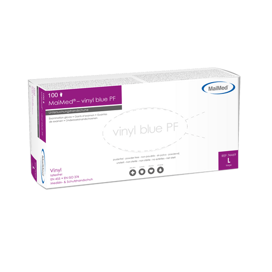 Rękawiczki diagnostyczne MaiMed-vinyl blue PF, niejałowe, bezpudrowe, winylowe 100 szt./op.