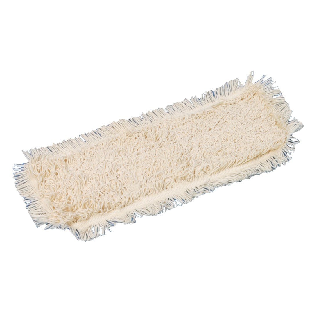 TASKI Swing Mop 45 Nasswischfranse od Diversey Deutschland GmbH & Co. OHG to prostokątna, kremowa głowica mopa do kurzu z postrzępionymi krawędziami i teksturowaną powierzchnią, która dzięki zamkniętym pętlom zapewnia doskonałe czyszczenie i łatwość przesuwania. Przedstawiony na białym tle.