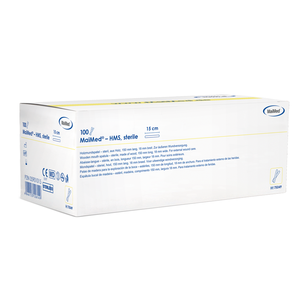 MaiMed - Sterylny szpatułka drewniana HMS o długości 15cm, 100x1 szt. sterylnie zapakowane | Pudełko (100 sztuk)