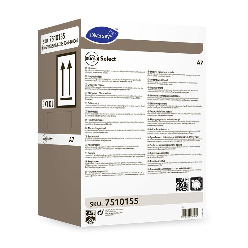 Prostokątne pudełko z napisem „Suma Select A7 – Neutralny nabłyszczacz” od Diversey Deutschland GmbH & Co. OHG z szczegółami produktu, instrukcjami użytkowania, symbolami bezpieczeństwa, kodem kreskowym, informacjami w różnych językach i SKU 7510155.