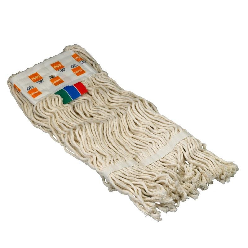 Mop TASKI Duo z frędzlami (300 g) od Diversey Deutschland ma chłonne frędzle w 100% z bawełny z wzmocnieniem taśmowym, kolorowe etykiety, jest zmywalny do 95°C i idealny do systemów TASKI Duo Mop. Karton z 2 opakowaniami.