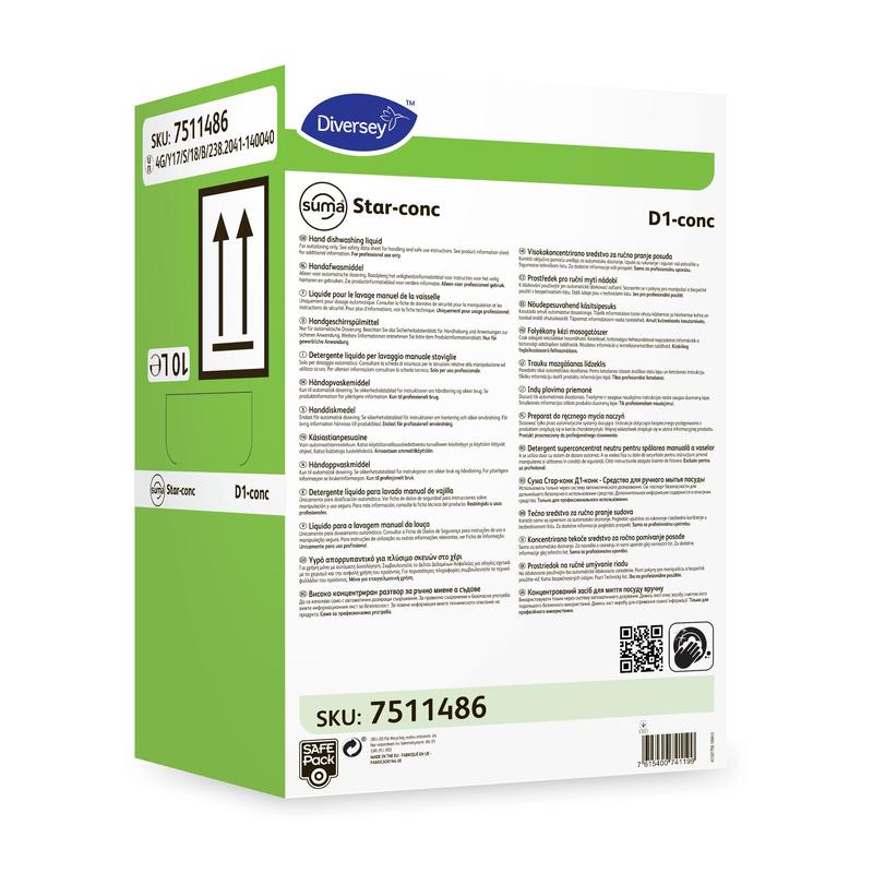 Prostokątne pudełko w kolorze zielono-białym z napisem "Suma Star-conc D1 conc, wysoce skoncentrowany płyn do mycia naczyń ręcznych" (10 l) firmy Diversey Deutschland GmbH & Co. OHG z czarnym tekstem, symbolami i kodami kreskowymi dla skutecznego czyszczenia.