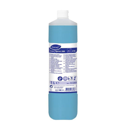 Jednolitra butelka TASKI Sprint 200 Alkoholowy środek do czyszczenia podłóg od Diversey Deutschland GmbH & Co. OHG zawiera niebieską ciecz i białą etykietę z instrukcją użycia, informacjami o produkcie i symbolami bezpieczeństwa do higienicznego czyszczenia podłóg.