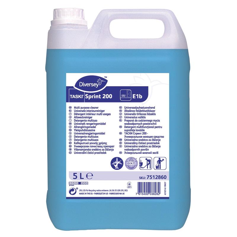 Pięciolitrowa butelka TASKI Sprint 200 Alkoholowy środek do czyszczenia podłóg od Diversey Deutschland GmbH & Co. OHG z niebieską cieczą i białym zamknięciem zawiera etykietę z instrukcjami użycia do skutecznego i higienicznego czyszczenia podłóg.