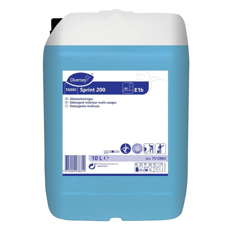 Dziesięciolitrowy plastikowy pojemnik z TASKI Sprint 200 Alkoholowy środek do czyszczenia podłóg od Diversey Deutschland GmbH & Co. OHG, z niebieską cieczą, etykietami produktu z symbolami czyszczenia i wskazówkami bezpieczeństwa na przedniej stronie dla skutecznej higieny podłóg.