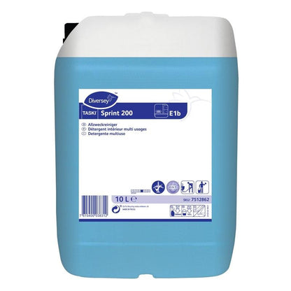 Dziesięciolitrowy plastikowy pojemnik z TASKI Sprint 200 Alkoholowy środek do czyszczenia podłóg od Diversey Deutschland GmbH & Co. OHG, z niebieską cieczą, etykietami produktu z symbolami czyszczenia i wskazówkami bezpieczeństwa na przedniej stronie dla skutecznej higieny podłóg.