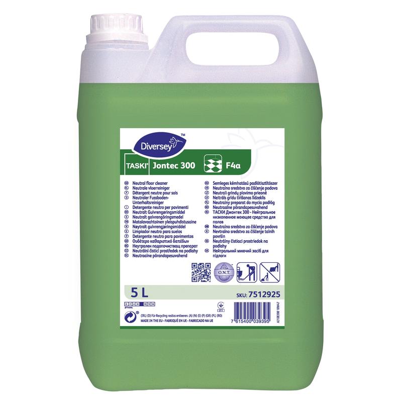 Plastikowy pojemnik o pojemności 5 litrów z TASKI Jontec 300 Neutralny środek do czyszczenia podłóg od Diversey Deutschland GmbH & Co. OHG, idealny do powierzchni odpornych na wodę. Zielona ciecz, przednia etykieta, instrukcje i kod kreskowy są wyraźnie widoczne.