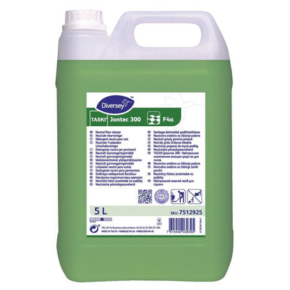 Plastikowy pojemnik o pojemności 5 litrów z TASKI Jontec 300 Neutralny środek do czyszczenia podłóg od Diversey Deutschland GmbH & Co. OHG, idealny do powierzchni odpornych na wodę. Zielona ciecz, przednia etykieta, instrukcje i kod kreskowy są wyraźnie widoczne.