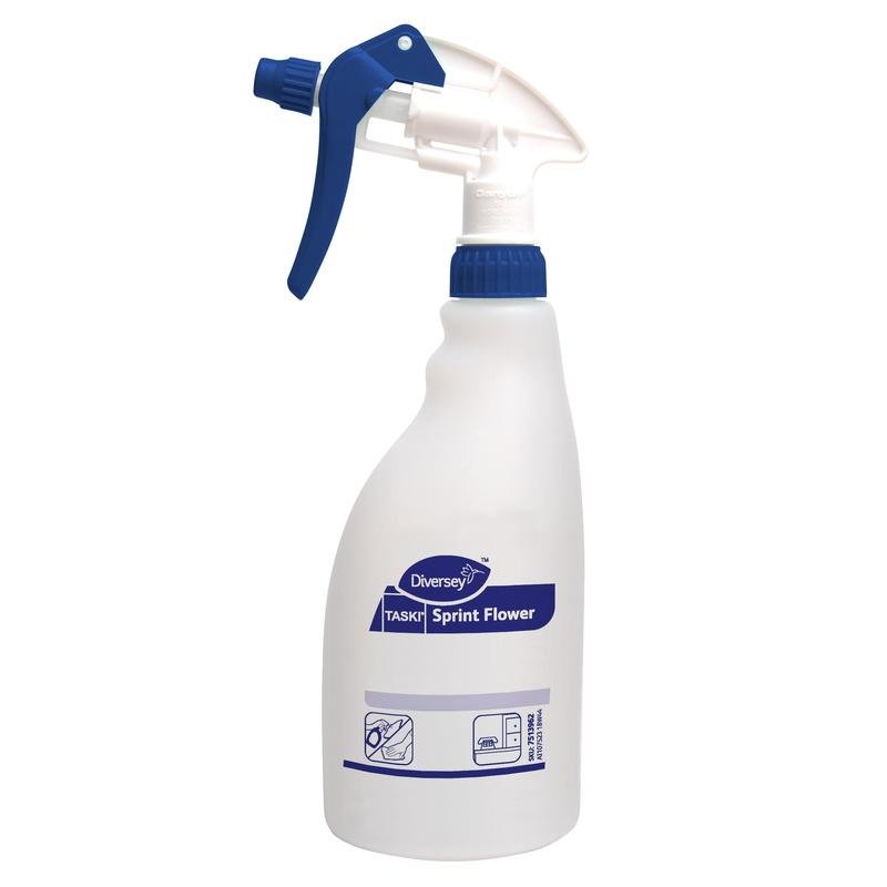 Biała plastikowa butelka ze spryskiwaczem, oznaczona jako "Sprint Flower" od Diversey Deutschland GmbH & Co. OHG, z niebieską głowicą spryskującą (0,5L). Piktogramy i tekst na przedniej stronie zawierają wskazówki dotyczące czyszczenia. Dostarczane w kartonie z 5 butelkami.