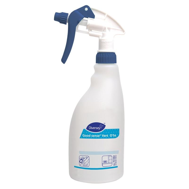 Biała plastikowa butelka ze spryskiwaczem (0,5L) z niebieskim spryskiwaczem od Diversey Deutschland GmbH & Co. OHG, z napisem "Good Sense Vert" i ilustrowaną instrukcją czyszczenia na spodzie. Sprzedawana jako karton (5 butelek).