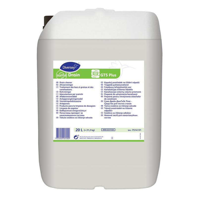 Suma Drain GTS plus środek do czyszczenia rur od Diversey Deutschland GmbH & Co. OHG to duży biały 20-litrowy plastikowy kanister z uchwytem, idealny do odpływów w kuchni i łazience, z instrukcją w wielu językach i logo Diversey.