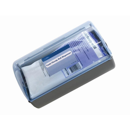 Der TASKI Florzip-Spender 65 von Diversey Deutschland GmbH & Co. OHG ist ein wandmontierter Kunststoffspender mit transparentem Deckel und grauem Boden, der mit 150 weißen, ölgetränkten Tüchern (65 x 25 cm) zur Reinigung geliefert wird.