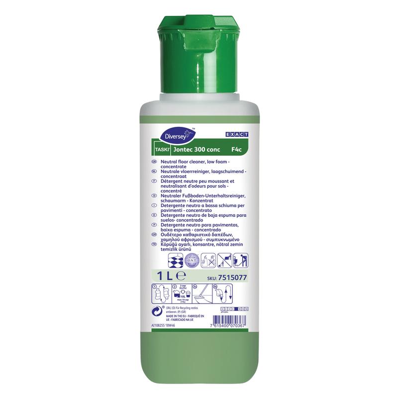 Jednoliterowa butelka TASKI Jontec 300 conc środek do czyszczenia podłóg skoncentrowany od Diversey Deutschland GmbH & Co. OHG posiada zieloną zakrętkę, białą etykietę z instrukcjami w wielu językach i zapewnia lśniący połysk na podłogach.