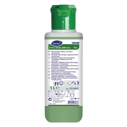 Jednoliterowa butelka TASKI Jontec 300 conc środek do czyszczenia podłóg skoncentrowany od Diversey Deutschland GmbH & Co. OHG posiada zieloną zakrętkę, białą etykietę z instrukcjami w wielu językach i zapewnia lśniący połysk na podłogach.