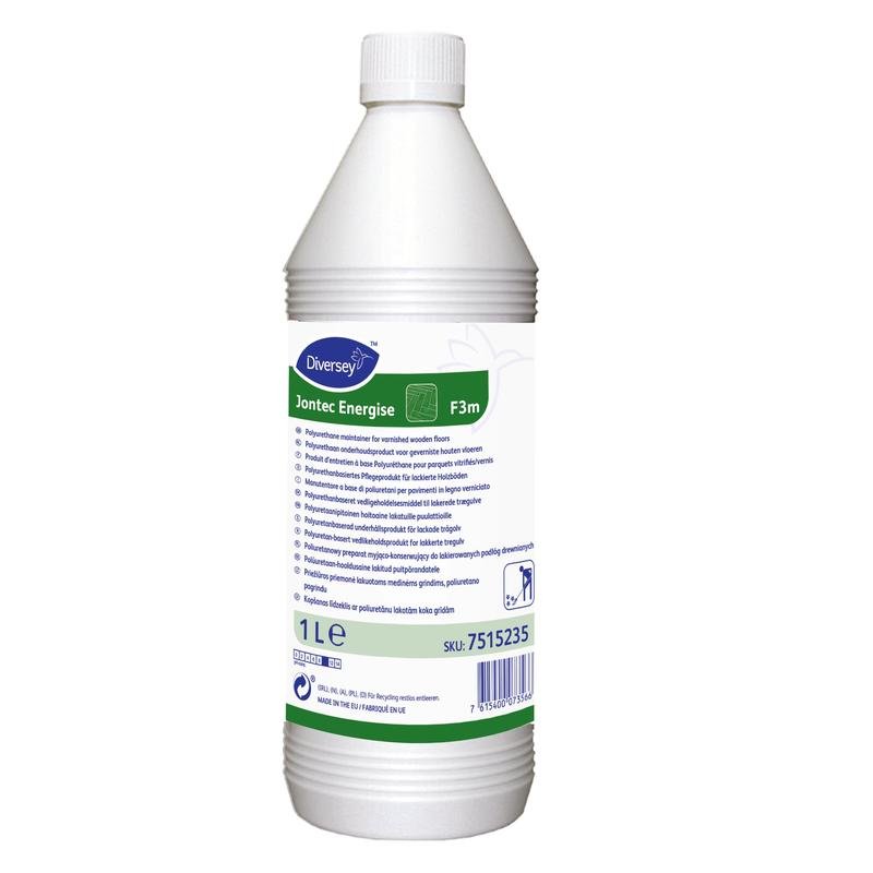 10-litrowy plastikowy kanister z napisem "TASKI Jontec Energise" od Diversey Deutschland GmbH & Co. OHG, zawiera dyspersję poliuretanową do lakierowanych podłóg drewnianych i zawiera informacje o produkcie dla błyszczącej powłoki ochronnej.