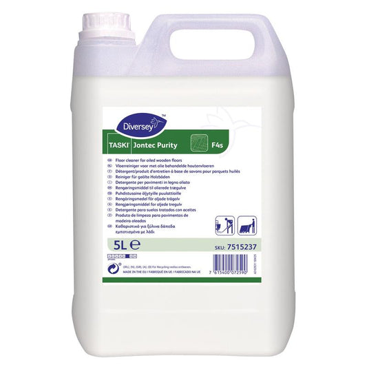 Der 5-Liter TASKI Jontec Purity Seifenreiniger für geölte Holzböden von Diversey Deutschland GmbH & Co. OHG wird in einem Kanister mit einem weißen Etikett mit Hinweisen und Symbolen sowie einem sicheren weißen Schraubverschluss geliefert.