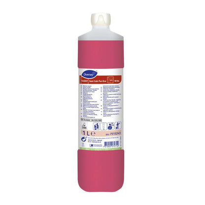 Eine 1-Liter-Flasche Diversey TASKI Sani Calc Pur-Eco Sanitärreiniger der Diversey Deutschland GmbH & Co. OHG, mit weißem Deckel, rosa Flüssigkeit und weißem Etikett mit Produktinformationen und Piktogrammen zur effektiven Kalkentfernung.