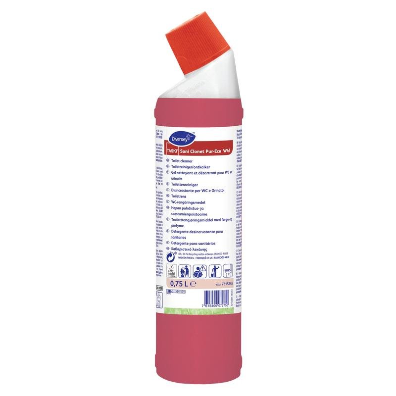 Czerwona butelka TASKI Sani Clonet Pur‑Eco WC‑Reiniger od Diversey Deutschland GmbH & Co. OHG z biało-czerwonym zamknięciem kątowym mieści 0,75 litra. Etykieta zawiera informacje w wielu językach. Przyjazna dla środowiska formuła zapewnia higieniczną czystość.