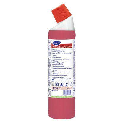 Czerwona butelka TASKI Sani Clonet Pur‑Eco WC‑Reiniger od Diversey Deutschland GmbH & Co. OHG z biało-czerwonym zamknięciem kątowym mieści 0,75 litra. Etykieta zawiera informacje w wielu językach. Przyjazna dla środowiska formuła zapewnia higieniczną czystość.