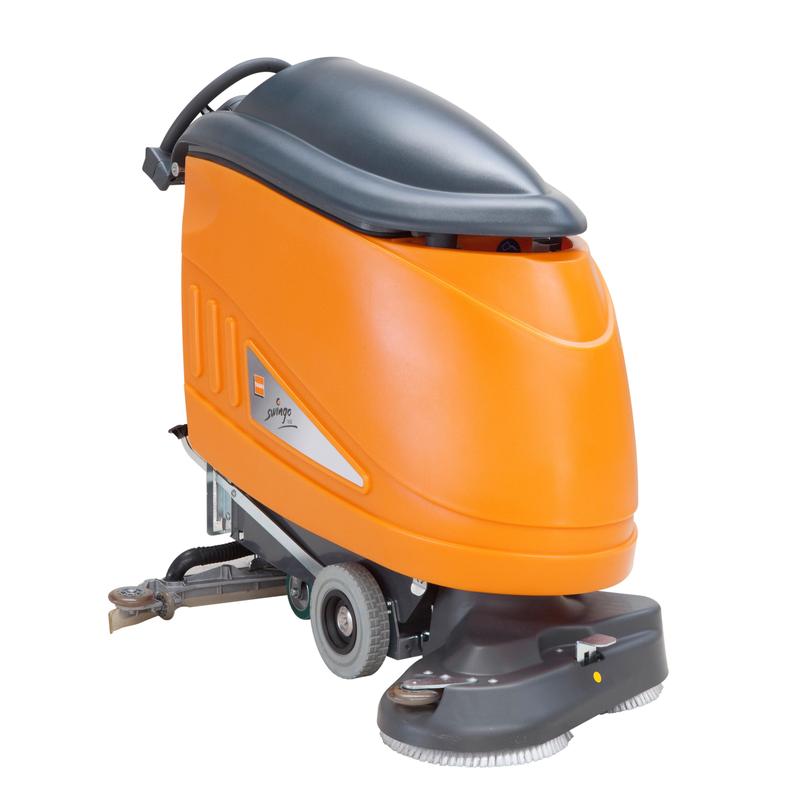 TASKI swingo 1650 BMS firmy Diversey Deutschland GmbH & Co. OHG to pomarańczowo-szara, bateryjna maszyna szorująco-ssąca z dużymi kołami, ssawą w kształcie litery W, technologią IntelliFlow i wbudowaną ładowarką, przedstawiona na białym tle.
