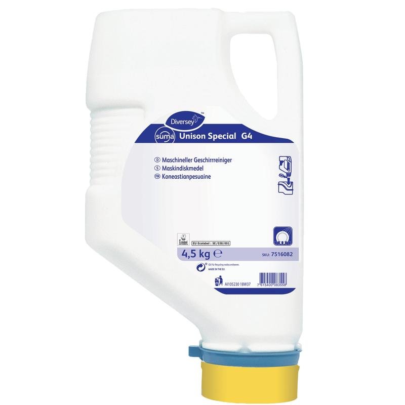 Biała plastikowa kaseta o masie 4,5 kg z Diversey Suma Unison Special G4, środkiem do mycia naczyń bez fosforanów i chloru, przeznaczonym do wody średnio twardej i twardej, od Diversey Deutschland GmbH & Co. OHG.
