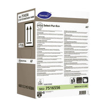 Ein Karton des Suma Select Pur-Eco A7 Klarspülers von Diversey Deutschland GmbH & Co. OHG verfügt über Produktinformationen, Anweisungen, Barcode, Recyclingsymbol und eine 10-Liter-Volumenanzeige auf der Verpackung für eine effektive Reinigung.