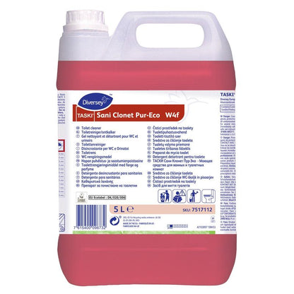 5-litrowy pojemnik TASKI Sani Clonet Pur-Eco WC-Reiniger od Diversey Deutschland GmbH & Co. OHG posiada wielojęzyczną białą etykietę i czerwoną ciecz, a jego przyjazna dla środowiska formuła zapewnia higieniczną czystość.