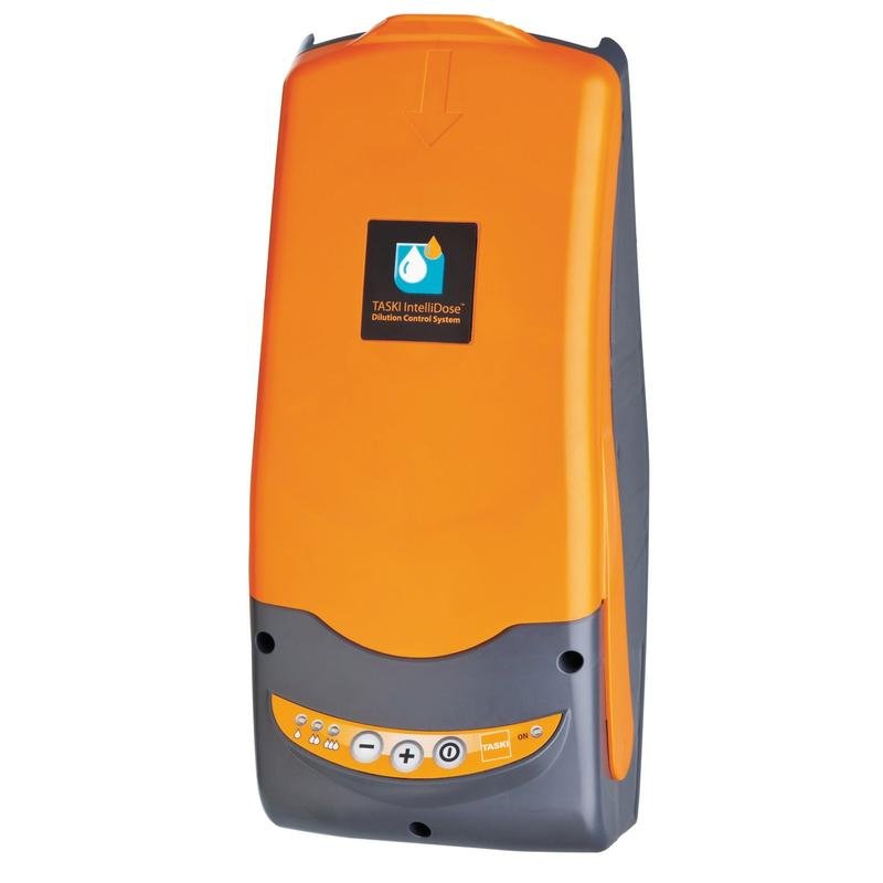TASKI IntelliDose swingo 755/855/1255 od Diversey Deutschland GmbH & Co. OHG to system dozowania do maszyn szorująco-ssących z napędem kołowym, montowany na ścianie w kolorze pomarańczowym i szarym z kilkoma przyciskami i kontrolkami na panelu przednim.