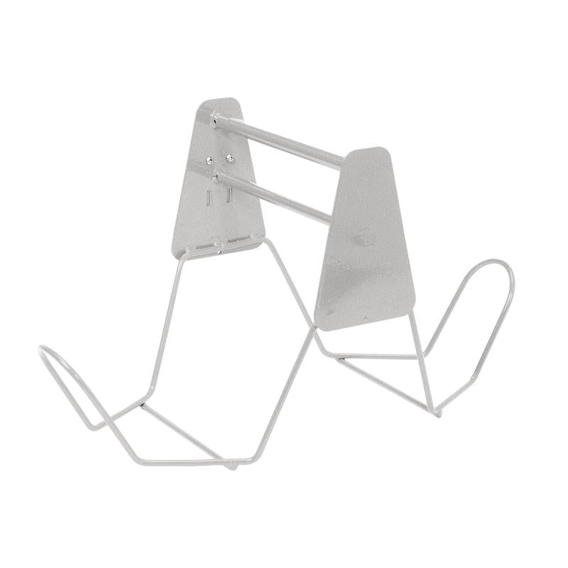 Minimalistyczny stojak z srebrnego drutu metalowego z zakrzywionymi ramionami i płaskim tyłem, idealny do utrzymania uchwytu do mycia na mokro TASKI od Diversey Deutschland w pozycji pionowej podczas czyszczenia, gdy jest używany z wiadrami o pojemności 15 litrów (7517292/7517293) i prasą (7517291).