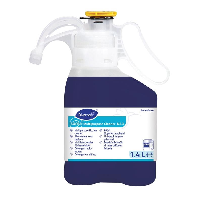 Diversey Suma Uniwersalny Środek Czystości D2.3 SD, 1.4L, z systemem SmartDose do skutecznego czyszczenia powierzchni, podłóg, szkła i naczyń; biało/niebieska etykieta, biały uchwyt, żółta nakrętka. Marka: Diversey Deutschland GmbH & Co. OHG.