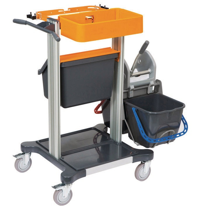TASKI Mini Trolley Wet firmy Diversey Deutschland to kompaktowy wózek do tradycyjnego mycia na mokro (płaskie/Kentucky), z trzema kolorowymi pojemnikami i czterema kółkami skrętnymi - idealny dla Twojego systemu czyszczenia. | Opakowanie: 1 sztuka.