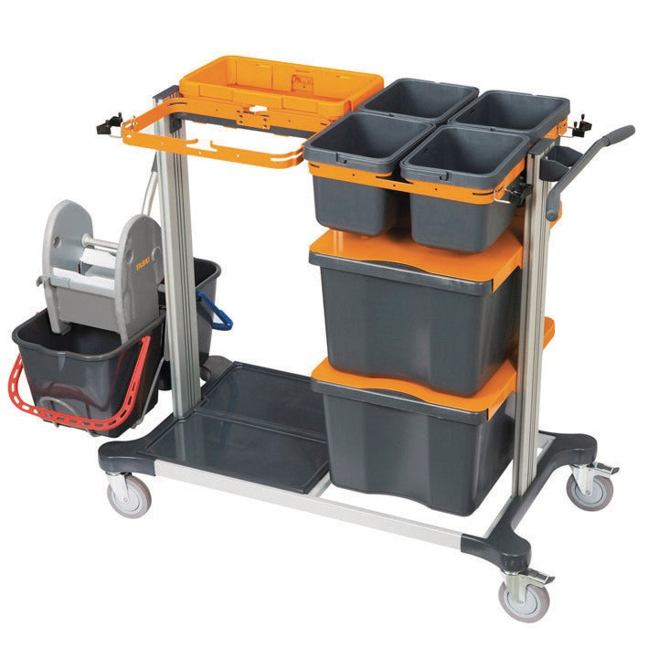 TASKI Midi Trolley Wet firmy Diversey Deutschland to doskonały system do profesjonalnego czyszczenia na mokro z użyciem mopów płaskich i Kentucky, wyposażony w cztery kółka, kolorowe pojemniki, caddy z narzędziami i przegródkami do zorganizowanego przechowywania.