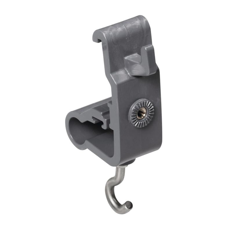 Uchwyt akcesoriów TASKI firmy Diversey Deutschland GmbH & Co. OHG to szary hak wykonany z tworzywa sztucznego i metalu z otworem montażowym i centralną śrubą metalową, zaprojektowany do podłączania lub wieszania przedmiotów w celu organizacji przyborów czyszczących.