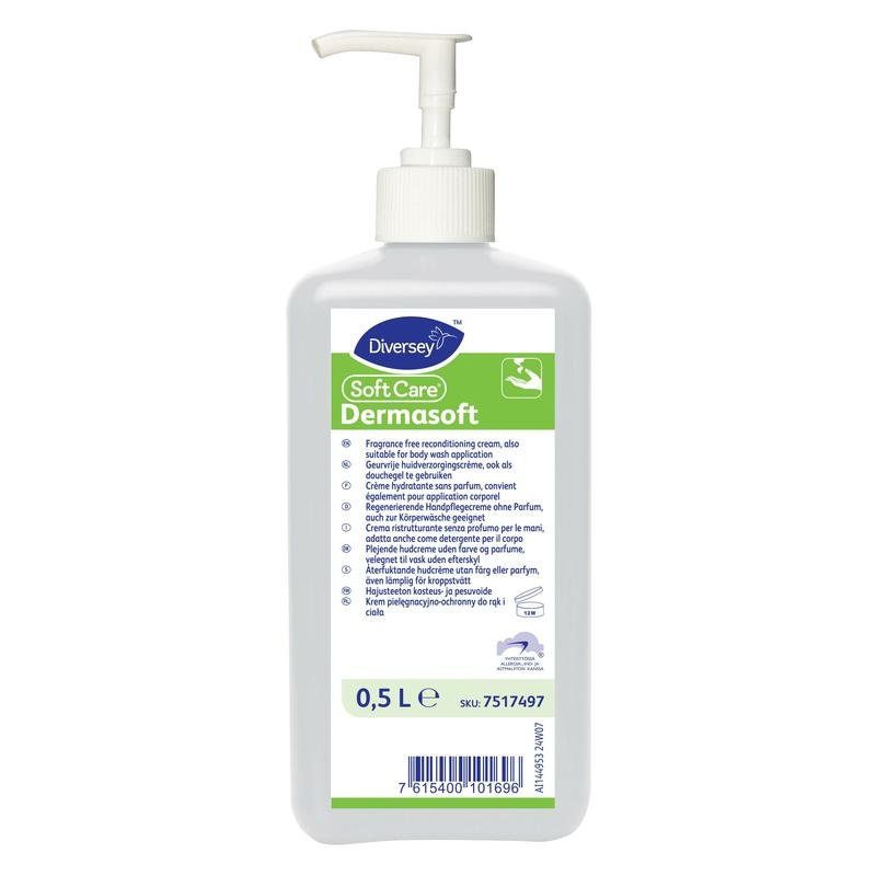 0,5-litrowa butelka z pompką z białego plastiku z Soft Care Dermasoft kremem do pielęgnacji skóry od Diversey Deutschland GmbH & Co. OHG posiada wielojęzyczną etykietę ze szczegółami produktu i instrukcjami dla tego kremu nawilżającego.