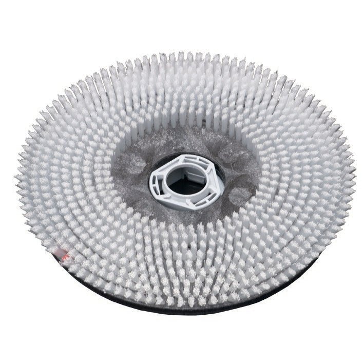 Szczotka Diversey Nylon (43 cm) do swingo 1850 & 4000 ma gęste, białe włosie w koncentrycznych kręgach z plastikowym rdzeniem. Przedstawiona na białym tle. 1 sztuka, standardowa szczotka Diversey Deutschland GmbH & Co. OHG.