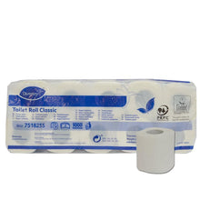 10-pak "Papier toaletowy Classic" od Diversey Deutschland, biały 2-warstwowy celuloza, 16,8 m na rolkę, 160 arkuszy/rolka (Ø98mm), certyfikowany ekologicznie; Opakowanie z informacjami o produkcie, eko-etykietą i niebiesko-białym designem.