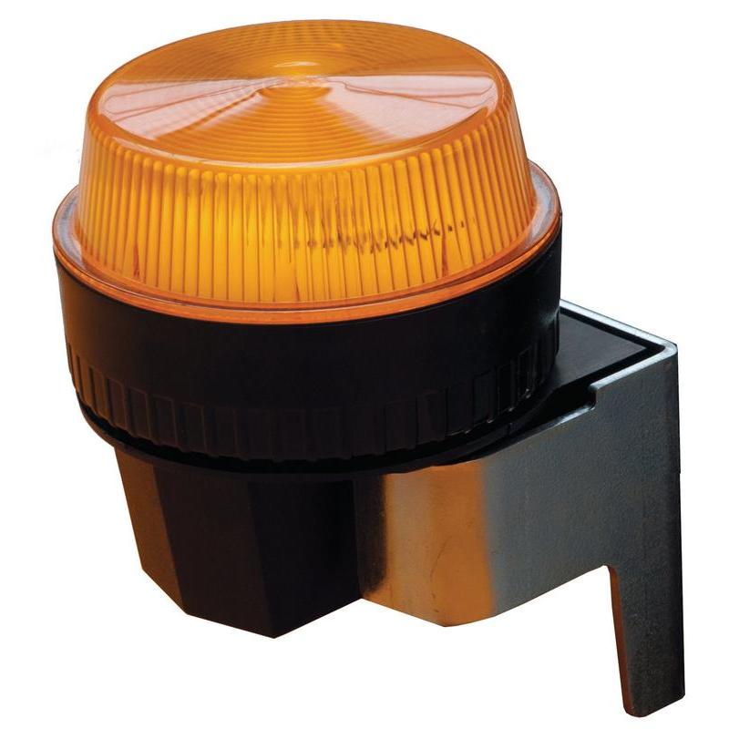 Zbliżenie zestawu lamp błyskowych Diversey swingo 4000/5000, żółtej żebrowanej lampy ostrzegawczej z czarną podstawą i uchwytem do maszyn TASKI swingo 4000/5000 - idealne do profesjonalnych zadań czyszczących.