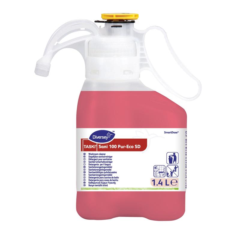 1,4-litrowy pojemnik TASKI Sani 100 Pur-Eco, neutralny pH środek czyszczący do sanitariatów od Diversey Deutschland GmbH & Co. OHG, idealny do powierzchni marmurowych, z certyfikatem ekologicznym UE; z białą pokrywką/uchwytem, żółtą nakrętką, czerwoną cieczą.