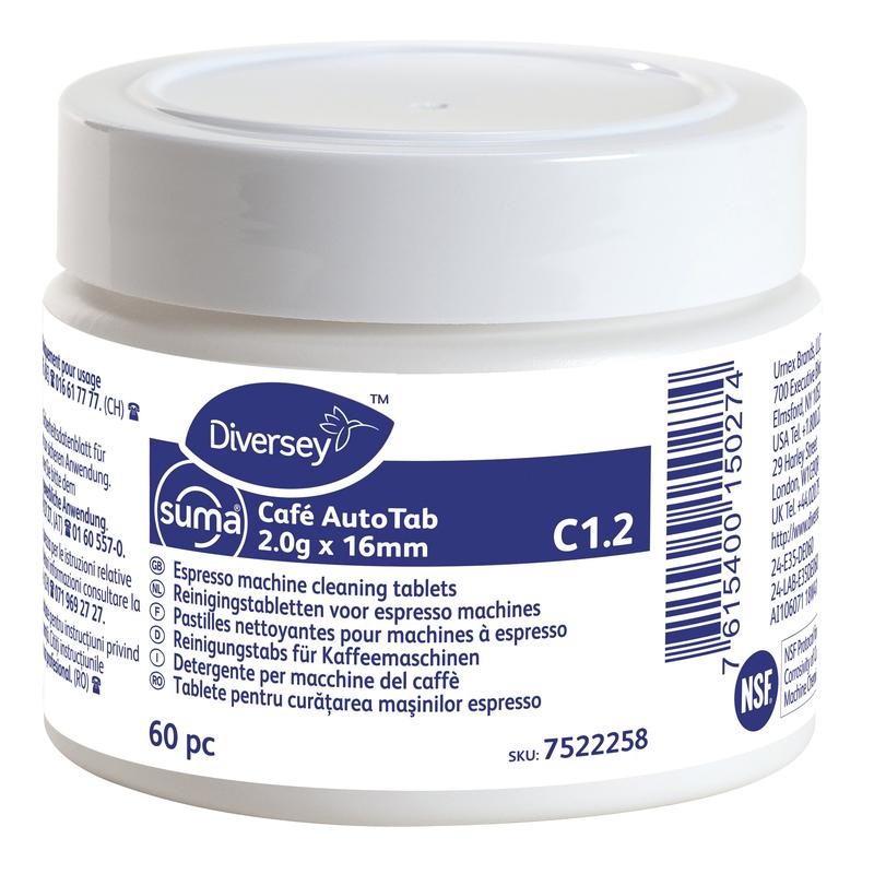 Biały plastikowy pojemnik Diversey Deutschland GmbH & Co. OHG z napisem "Suma Café AutoTab tabletki czyszczące do ekspresów do kawy 60 szt." zawiera 60 tabletek do usuwania tłuszczów/olejów kawowych i wydłużania żywotności maszyny, z wielojęzycznymi informacjami na niebiesko-białej etykiecie.