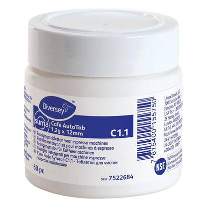 Biały plastikowy pojemnik Diversey Deutschland GmbH & Co. OHG z napisem "Suma Café AutoTab tabletki czyszczące do ekspresów do kawy 60 szt.", usuwa tłuszcze i oleje kawowe oraz wydłuża żywotność maszyny. Zawiera etykietę wielojęzyczną.