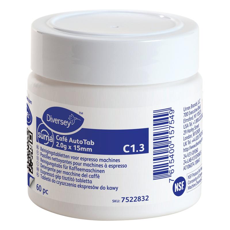 Biały plastikowy pojemnik "Suma Café AutoTab tabletki czyszczące do ekspresów do kawy 60 szt." od Diversey Deutschland GmbH & Co. OHG usuwa oleje kawowe i wydłuża żywotność maszyny; etykieta zawiera informacje w różnych językach i kod kreskowy.