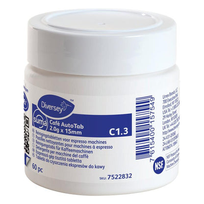 Biały plastikowy pojemnik "Suma Café AutoTab tabletki czyszczące do ekspresów do kawy 60 szt." od Diversey Deutschland GmbH & Co. OHG usuwa oleje kawowe i wydłuża żywotność maszyny; etykieta zawiera informacje w różnych językach i kod kreskowy.