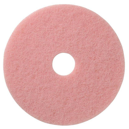 Różowa, okrągła podkładka TASKI Americo Remover Pad Kombipad do czyszczenia i polerowania od Diversey Deutschland GmbH & Co. OHG ma szorstką strukturę i otwór w środku, z góry na białym tle.