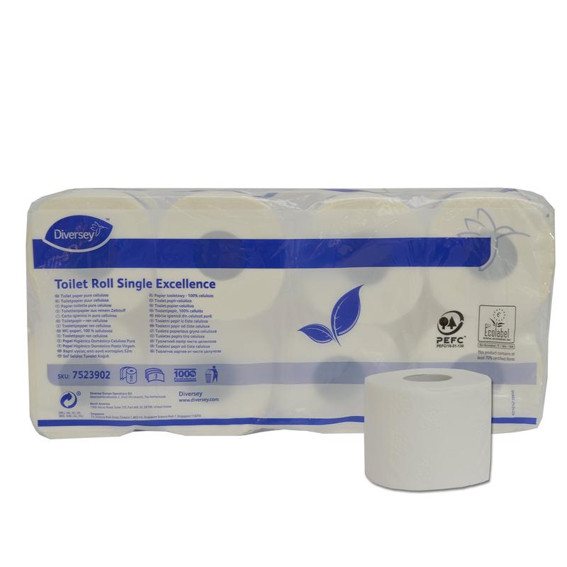 Opakowanie zawierające 8 rolek papieru toaletowego Diversey Single Excellence (3-warstwowy, czysta celuloza, śnieżnobiały, 250 arkuszy/rolka) od Diversey Deutschland GmbH & Co. OHG, z jedną rolką na przedniej stronie; na opakowaniu znajdują się informacje o produkcie oraz logo certyfikacji ekologicznej.